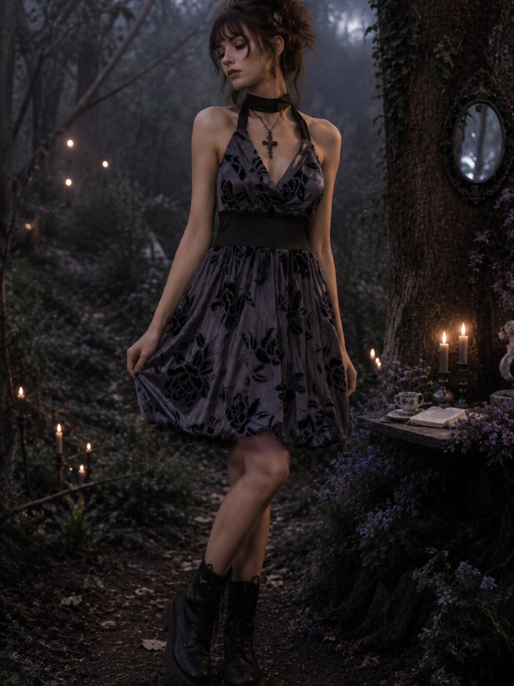 Velvet Floral Halter Dress Small Whimsigoth Fairy Goth Y2K Romantic Mini Dress